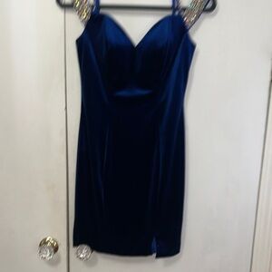 Christina Wu Navy Mini Dress with Embellished Straps